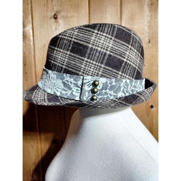 Brown plaid wool blend fedora hat - Picture 2 of 7